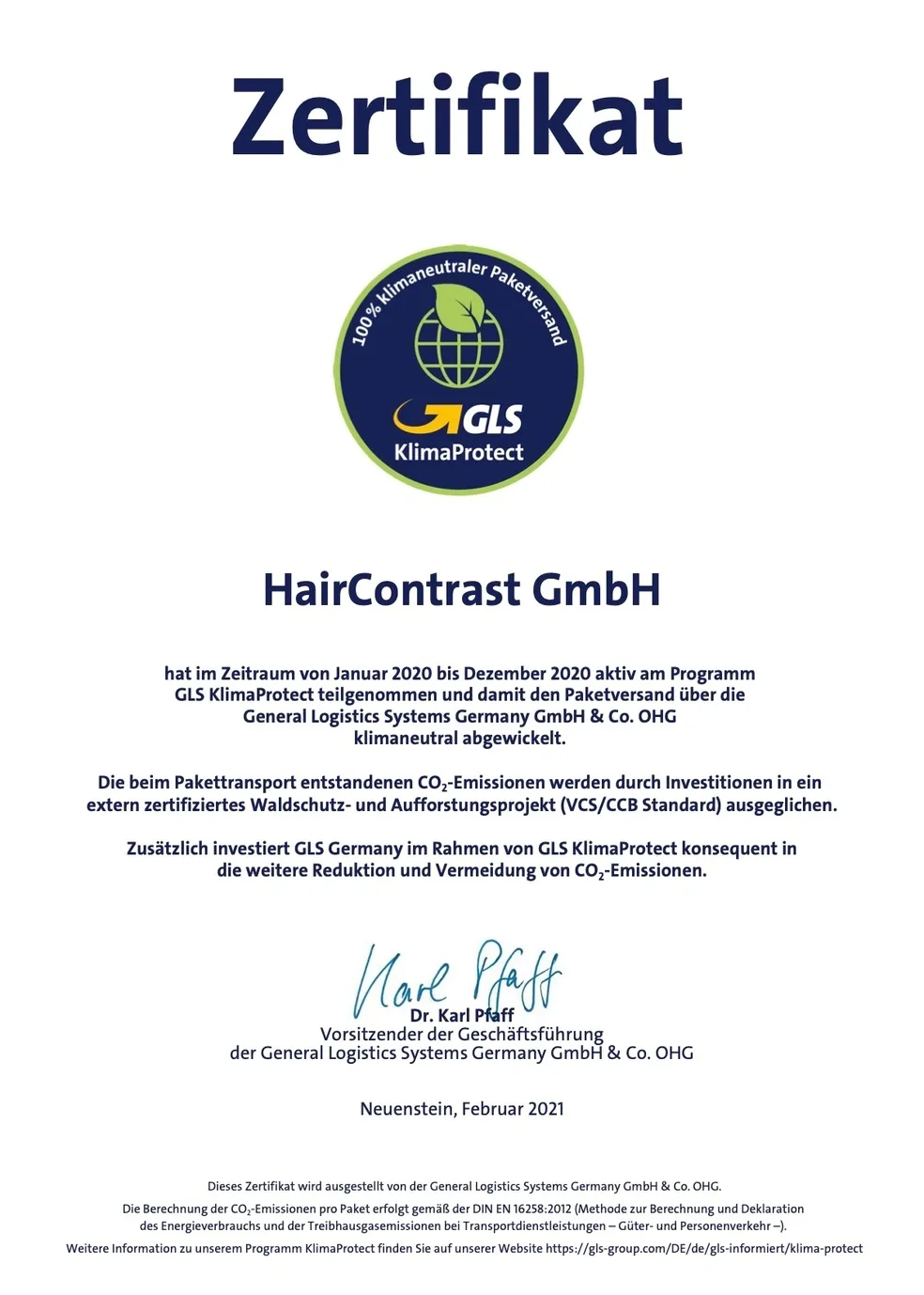 GLS Zertifikat Klimaprotect 2020 für Haircontrast