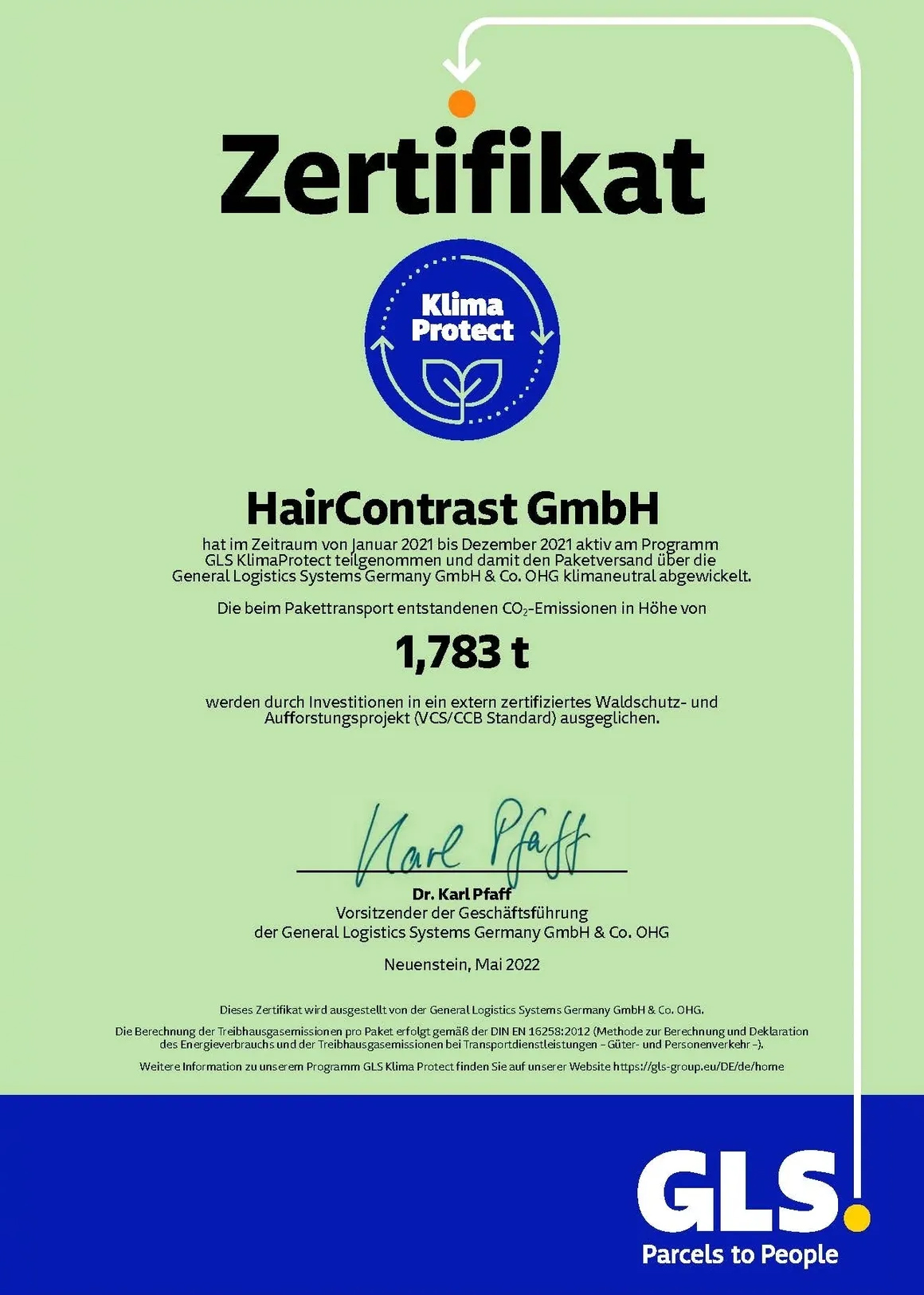 GLS Zertifikat Klimaprotect 2021 für Haircontrast